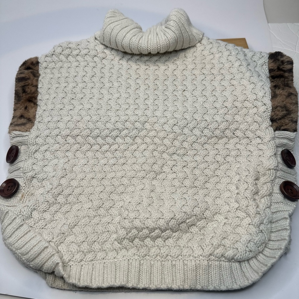 girls Cream Cable Knit Turtleneck Sweater with Faux Fur Trim